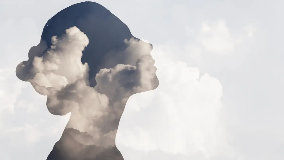 Silhouette of a woman's face blended with clouds, symbolizing self-reflection, mental clarity, and emotional well-being.